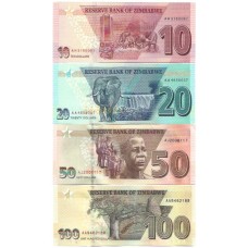 Zimbabue 10/20/100 Dollars 2020 FE (P-103a/P104a/P-105a/P-106a)